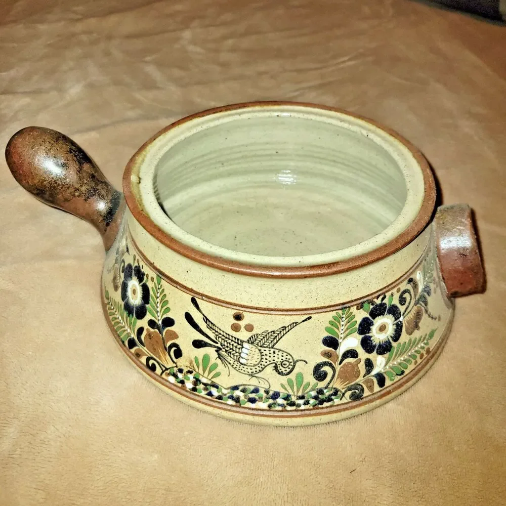 Vintage Netzi Tonala Mexican Pottery Large Soup Tureen Lidded Bowl Bird Floral